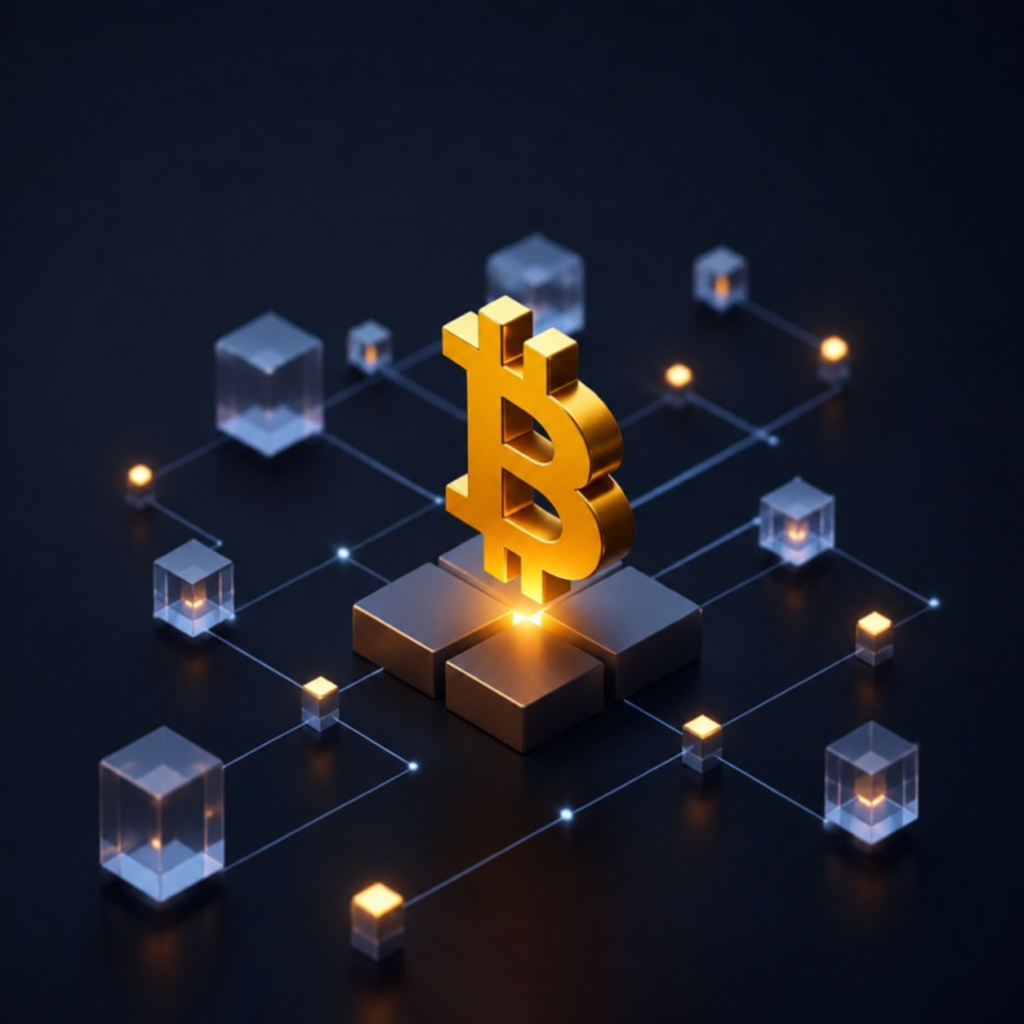 Futuristic 3D illustration of a bitcoin mining network