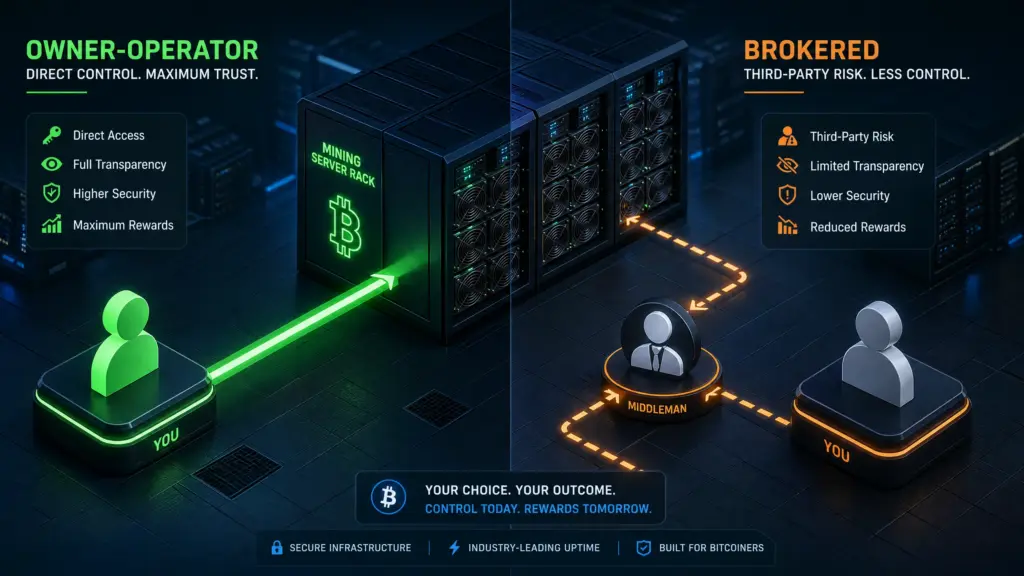 Illustration comparing owner-operator vs brokered bitcoin mining hosting