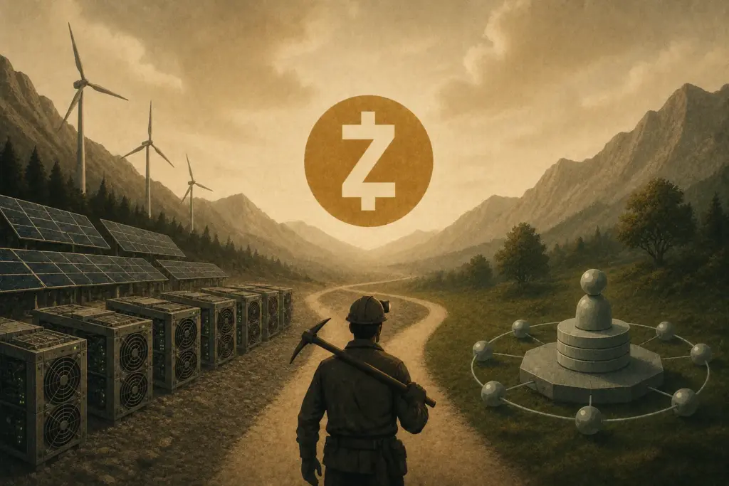 Zcash coin above a forking river, illustrating proof-of-stake transition risk for miners