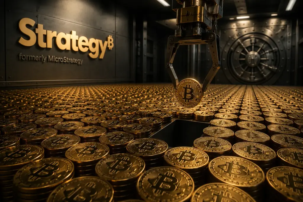 Claw machine grabbing a bitcoin from a coin pile, illustrating Strategy's 2026 bitcoin sale