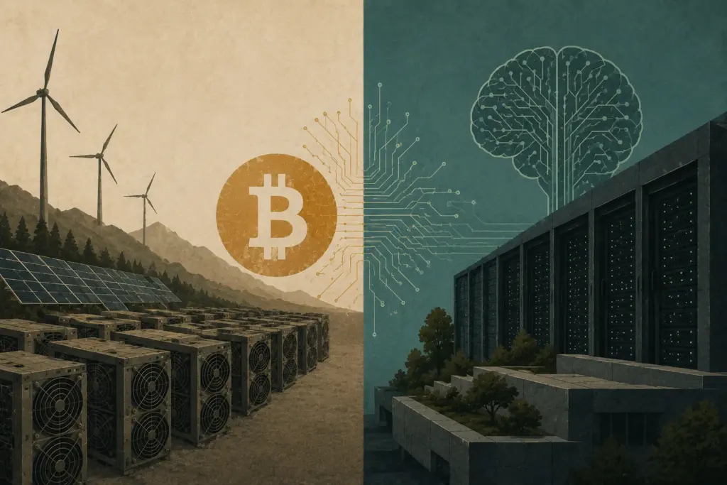 Bitcoin coin split with AI data center servers comparing mining and AI infrastructure
