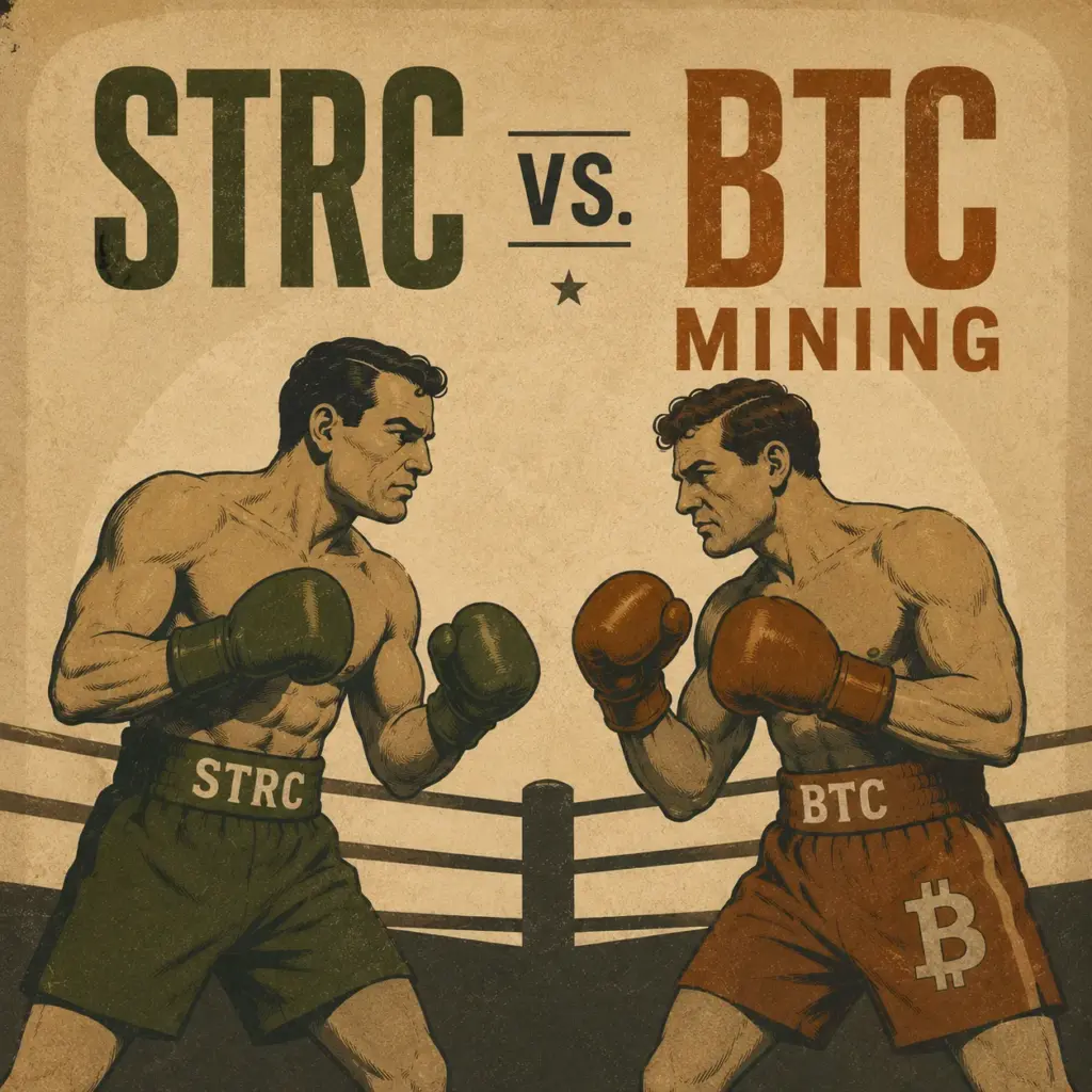 Vintage boxing poster illustration of STRC vs BTC mining matchup