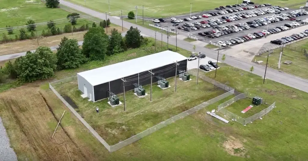 Aerial view of BlockOps bitcoin mining hosting facility in Arkansas, USA
